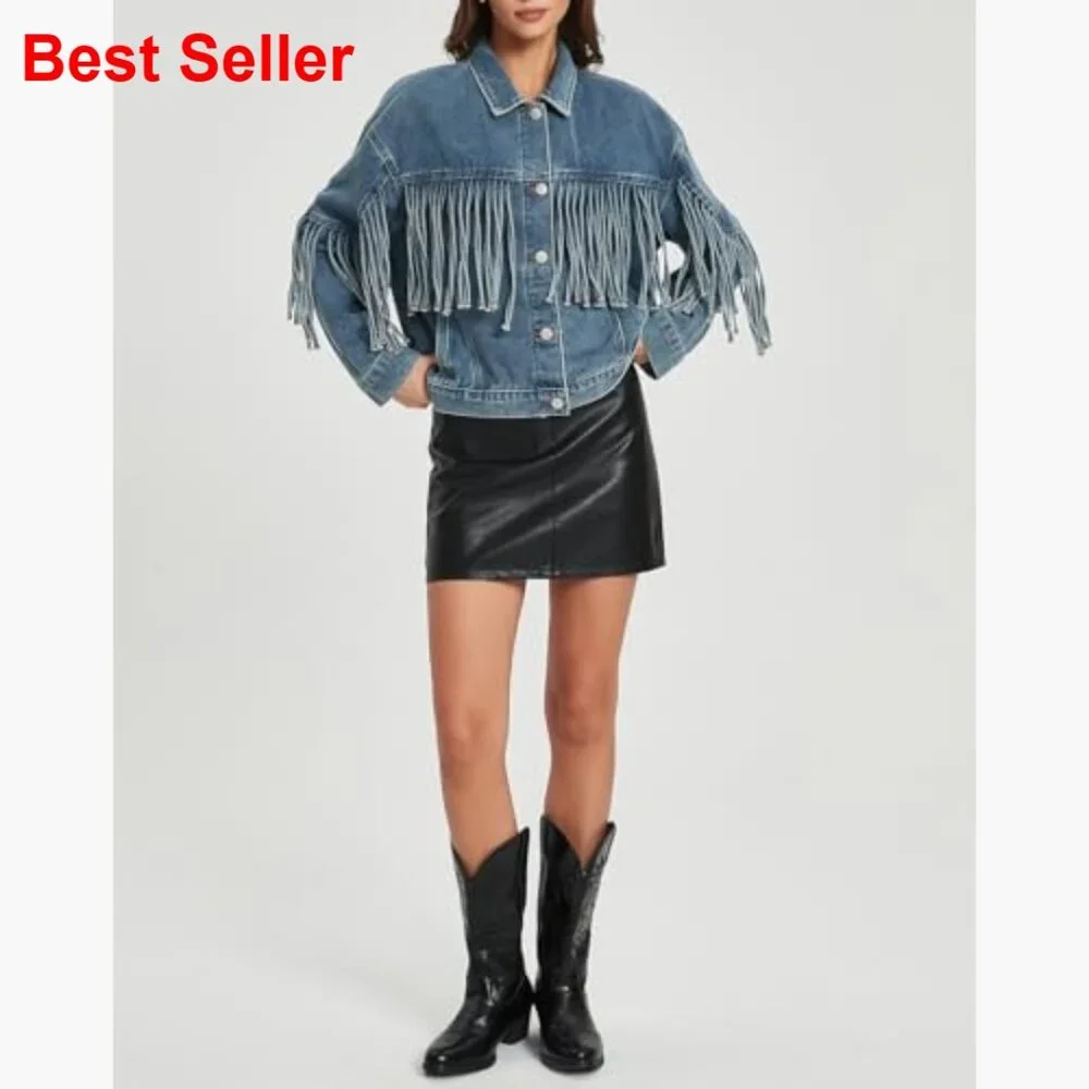 Oversized Denim Jacket with Fringe Tassel Long Sleeve Western Style - Picture 6 of 6